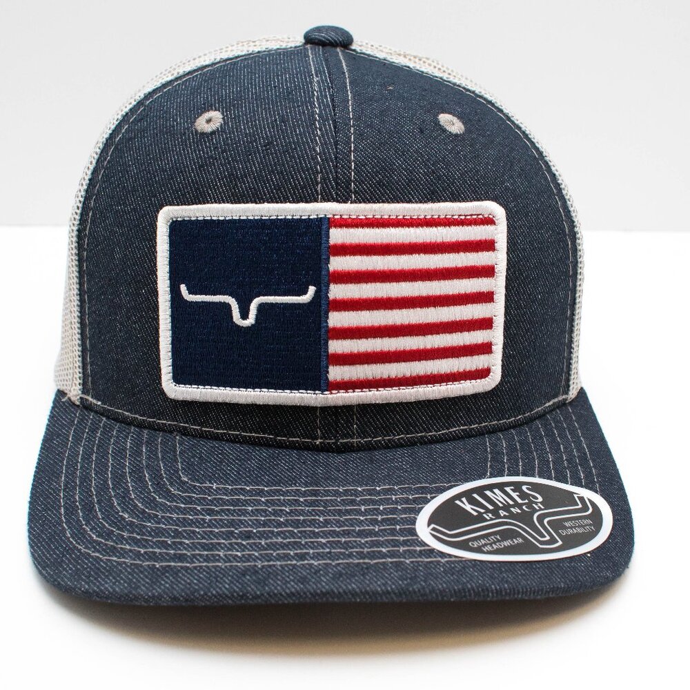 Kimes Ranch, American Flag Patch, Denim & Gray, Mesh, Snapback - Picture 3 of 5